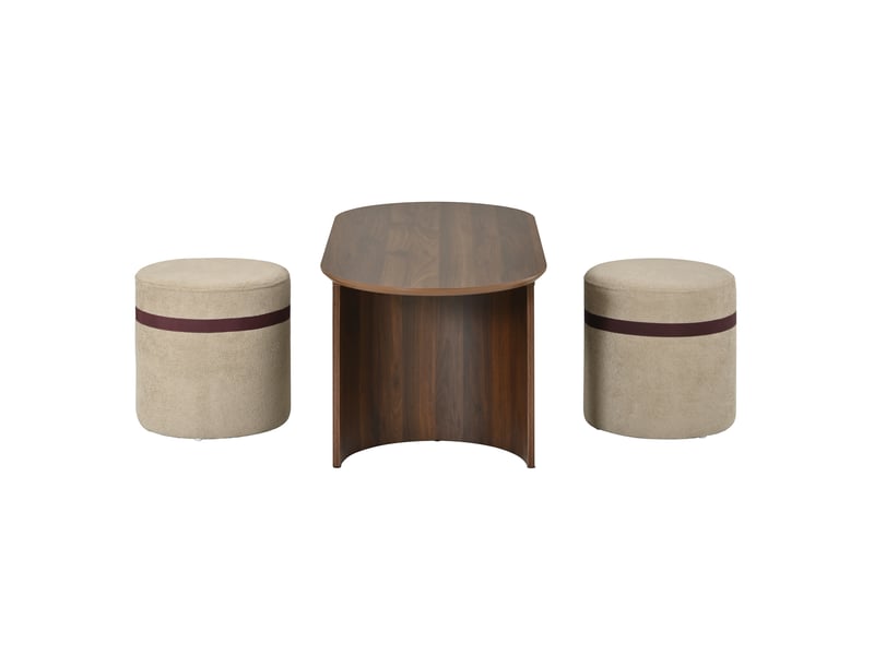 Ensemble table basse avec 2 tabourets, table basse ovale, table de salon en mdf, table basse avec tabourets, tabourets rembourrés, table basse ronde et moderne, table d'appoint, table de salon - Conforama E