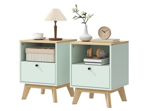Lot de 2 tables de chevet, tables de nuit avec tiroir et compartiment ouvert, 40 x 40 x 55 cm, chêne et vert clair