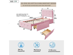 Lit simple 90x200 cm coloris rose