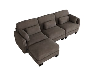 Canapé d’angle modulable 253 cm 3 places avec pouf, coussins d’accoudoir amovibles, coussins lombaires épais à soutien renforcé, chenille, brun café