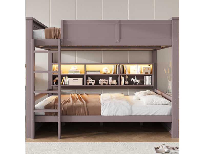 Lit superposé 160x200 cm marron avec 6 rangements et éclairage led - Conforama D