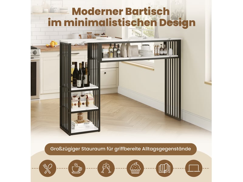  Table de bar 140x40x105 cm avec rangements, décor marbre blanc et noir  - Conforama D