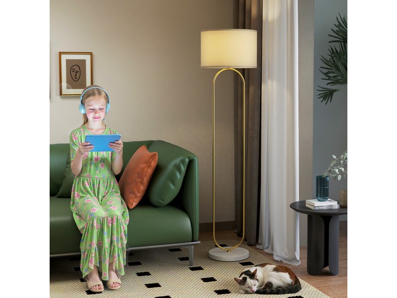  Lampadaire moderne avec abat-jour en tissu, double tube métallique et interrupteur au pied, doré  - Conforama D