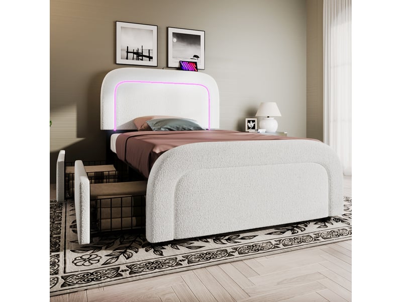  Modenvie lit 1 place 90x200 cm - led, ports usb-c et 2 tiroirs, tête de lit réglable, sans matelas - blanc  - Conforama D