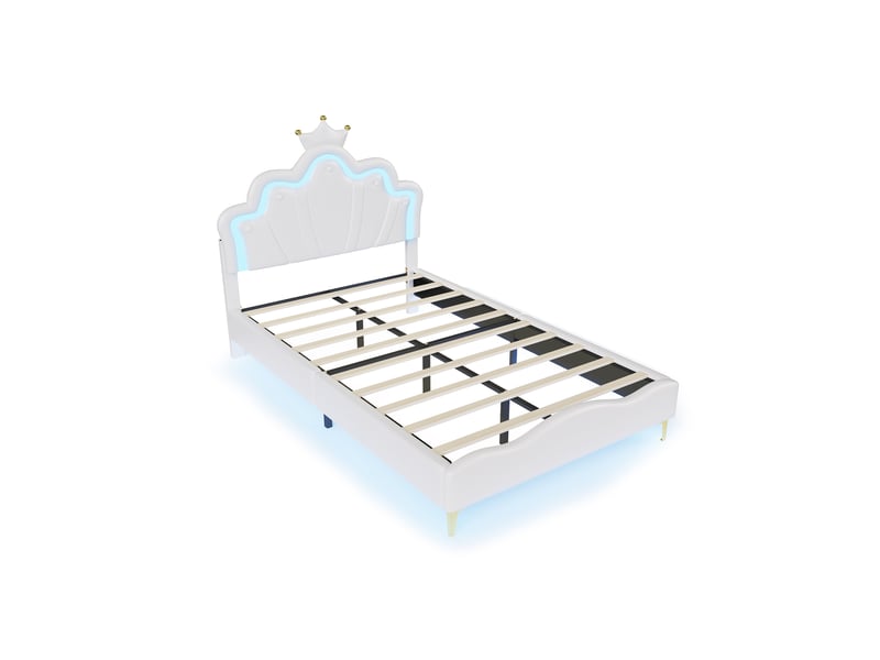  Lit double enfant 140x190 avec led, lit princesse fille avec tête de lits réglable et sommier à lattes, pu blanc  - Conforama W