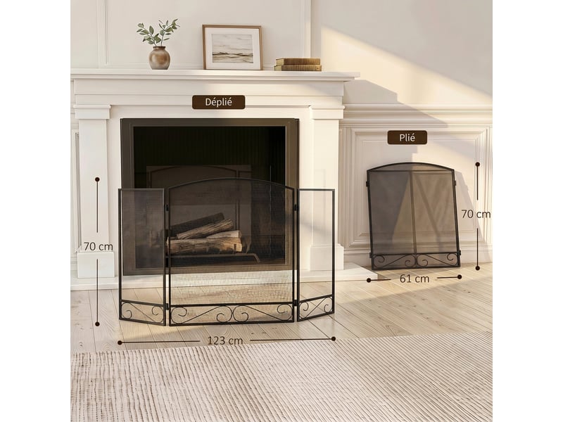  Pare feu cheminée pliable 3 panneaux métal 123 x 70 cm noir  - Conforama C