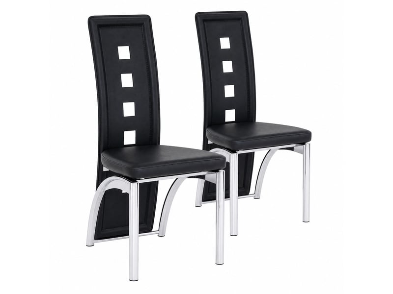  Lot de 2 chaises de salle à manger h 102 cm, chaise cuisine, dossier géométrique, design contemporain, métal argenté, pu noir  - Conforama A