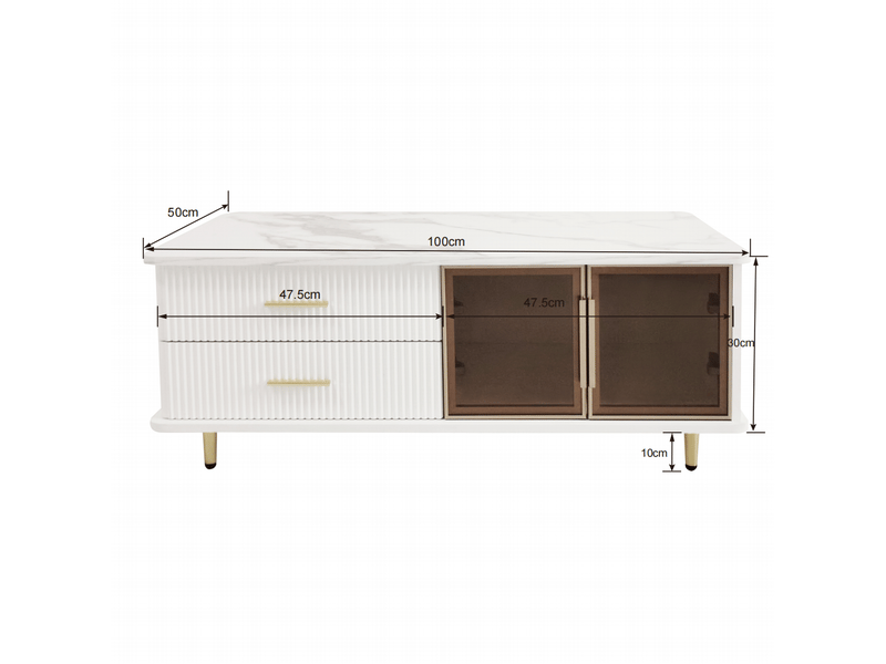  Table basse 100x50x40 cm avec led, 2 tiroirs et 2 portes vitrées, panneaux de particules décor marbre, blanc et doré ABC - Conforama C