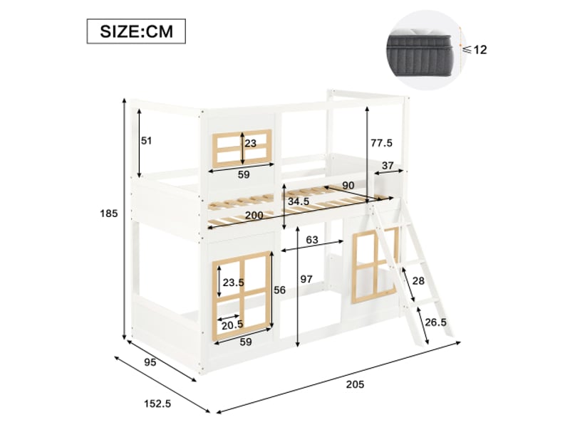 Lit superposé enfant 90×200cm (blanc+naturel) : belles fenêtres, escabeau robuste, clôture 4 côtés, pin+mdf+contreplaqué.  - Conforama C
