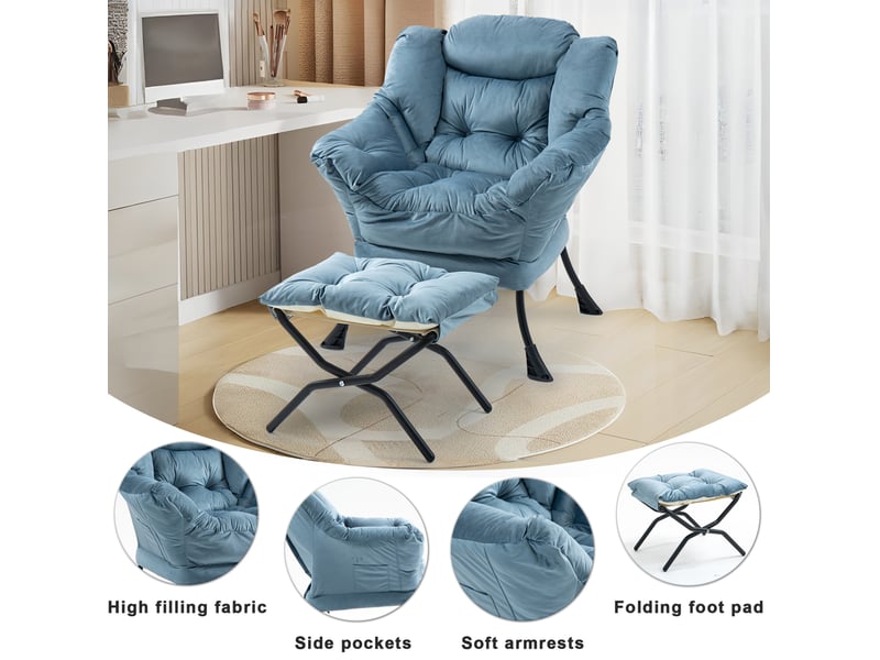  Fauteuil relax avec repose-pieds pliable et poche latérale en métal bleu clair  - Conforama E