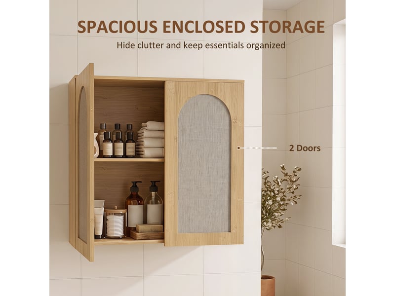  Armoire murale de salle de bain bohème avec 2 portes effet rotin à fermeture douce et étagère réglable, chêne  - Conforama E