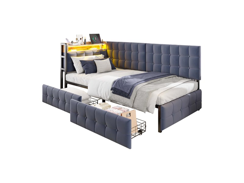  Canapé-lit 90x200 cm avec 2 tiroirs, led et ports usb-c, velours gris, sans matelas  - Conforama A