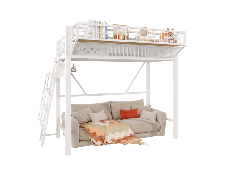  Lit mezzanine 90 × 200 cm 1 place avec rangements, espace ouvert et escalier réversible, sans matelas, métal blanc  - Conforama A