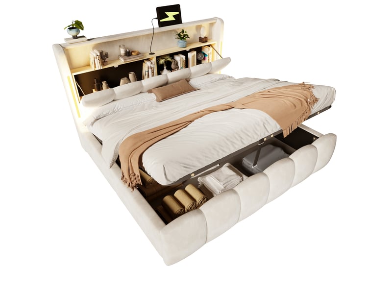 Lit coffre king size 180x200cm avec tête de lit de rangement, éclairage led, prises usb & type-c,velours beige evarich - Conforama A