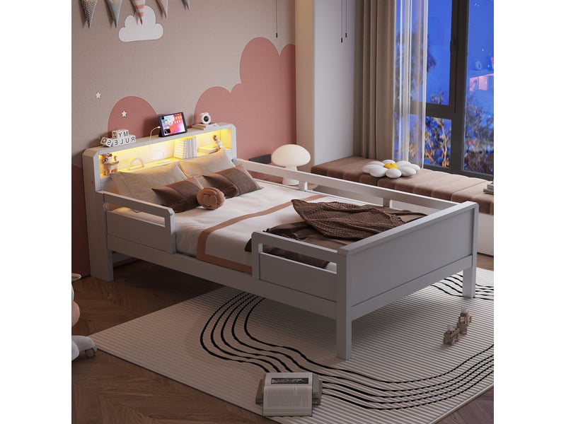  Lit enfant 90x200 cm avec rangement, lampe et ports de charge, blanc  - Conforama E