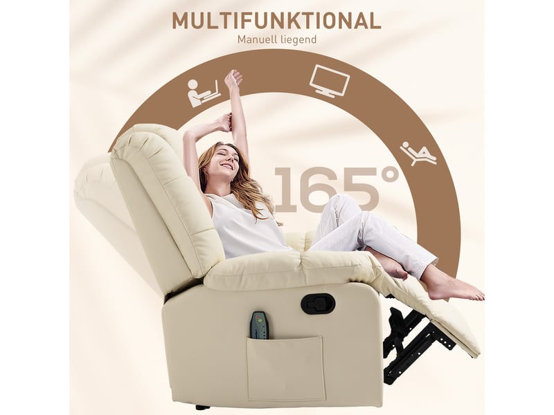  Fauteuil massant électrique crème, 8 points, dossier inclinable à 165 degrés et repose-pieds manuel pour salon et lecture  - Conforama E