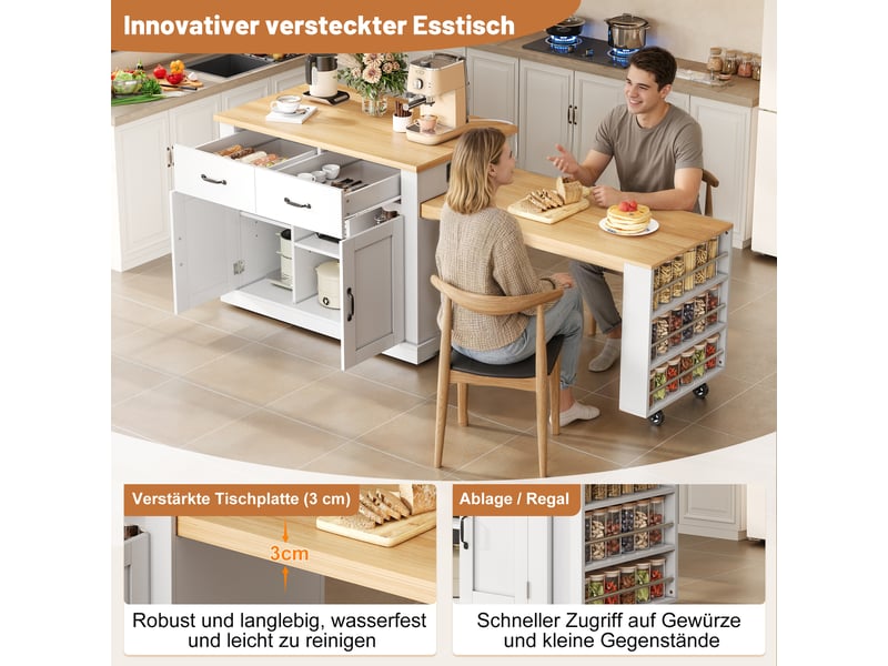  Îlot de cuisine 132235 × 60 × 93 cm en mdf, table repas coulissante, 7 roulettes, étagères réglables et rangements intégrés  - Conforama C