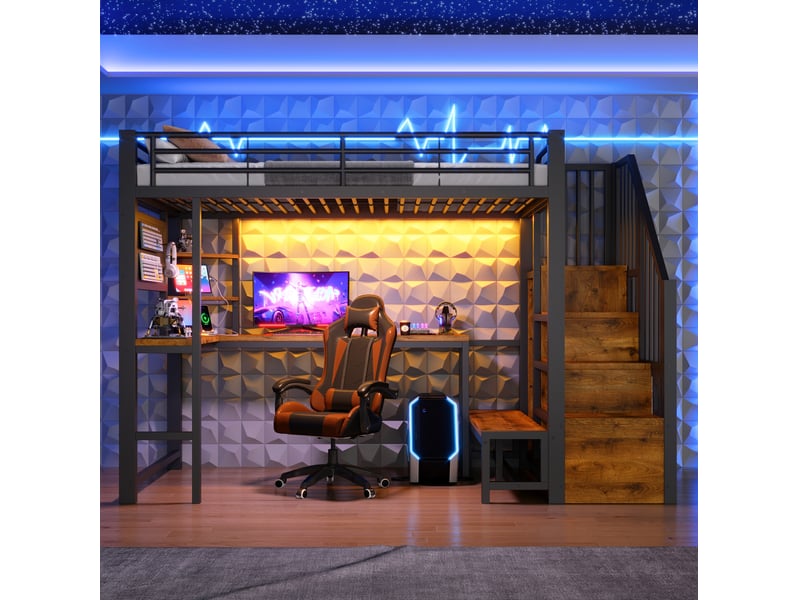  Lit mezzanine 90 × 200 cm avec bureau, étagères, escalier de rangement, led et prises usb pour chambre noir  - Conforama E