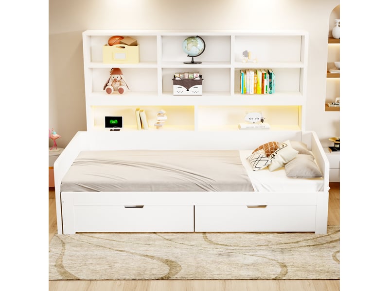Lit gigogne 90180 x 200 cm rangement led blanc - Conforama E