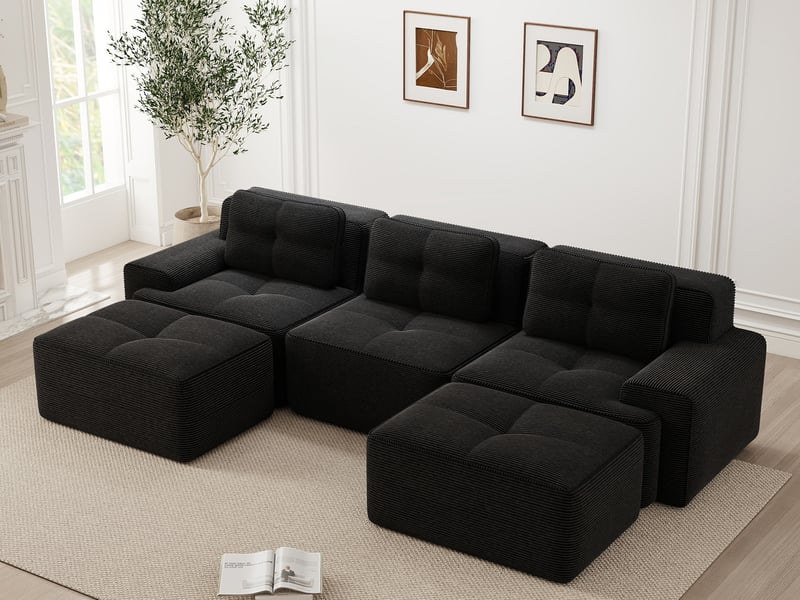  Canapé modulable en u 3 places avec ottomane en velours côtelé noir, sans montage  - Conforama B