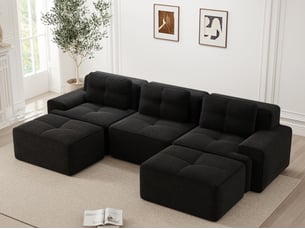 Canapé modulable en u 3 places avec ottomane en velours côtelé noir, sans montage