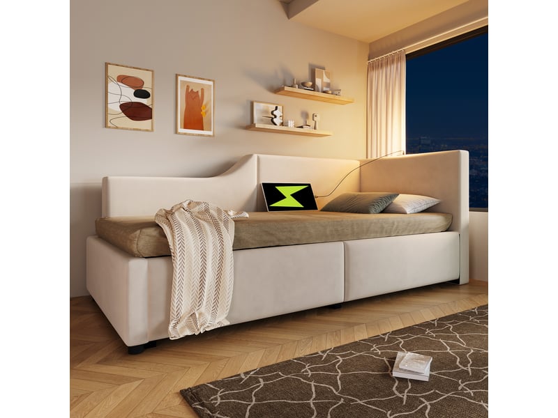 Lit coffre enfant 90x190 cm, canapé-lit avec lampe de lecture et usb type-c, sommier inclus, velours, beige, sans matelas - Conforama W