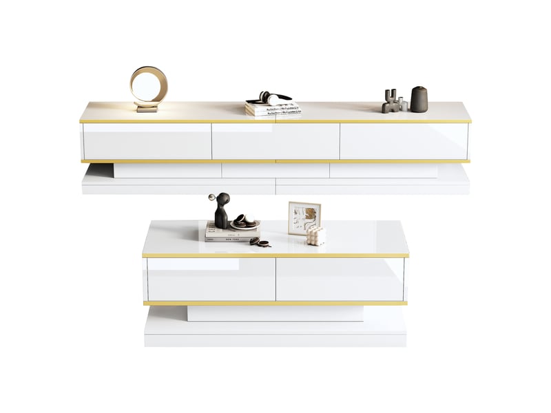  Ensemble meuble tv et table basse brillant – 3 tiroirs sur le meuble tv, 2 tiroirs sur la table – finitions dorées – blanc  - Conforama A