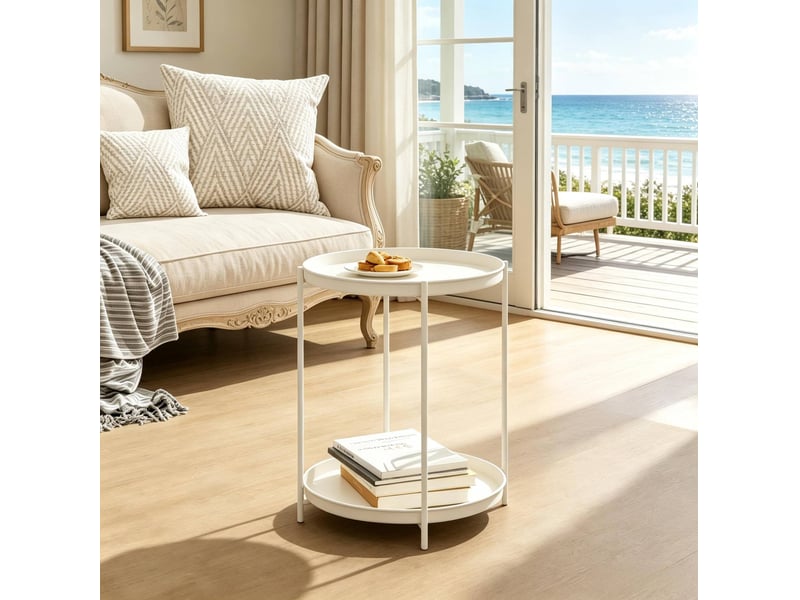 Table basse ronde avec 2 plateaux amovibles à rebords, en métal, pour salon, blanc crème, 44 × 44 × 53 cm - Conforama C