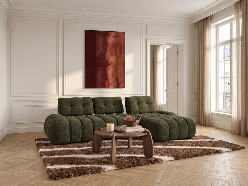  Bobochic canapé d'angle avec dossier avance recule apollon en tissu bouclette vert  angle droit APOLLON - Conforama D
