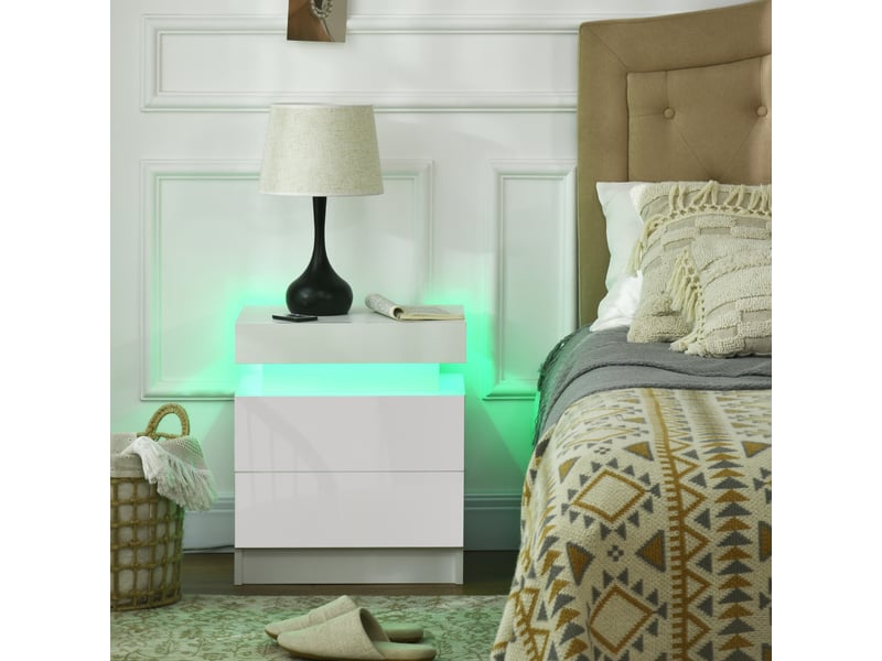  Table de chevet led rgb avec 2 tiroirs, 4 modes d'éclairage et 16 couleurs, en bois, 45 x 35 x 52 cm, blanche  - Conforama C