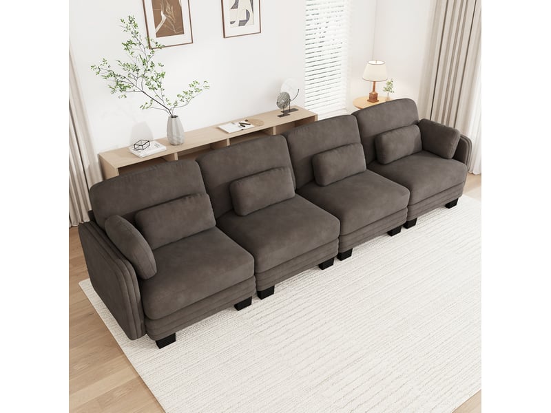  Canapé droit modulaire 4 places 330x88x88 cm, coussins lombaires et accoudoir, design ergonomique chenille marron  - Conforama D