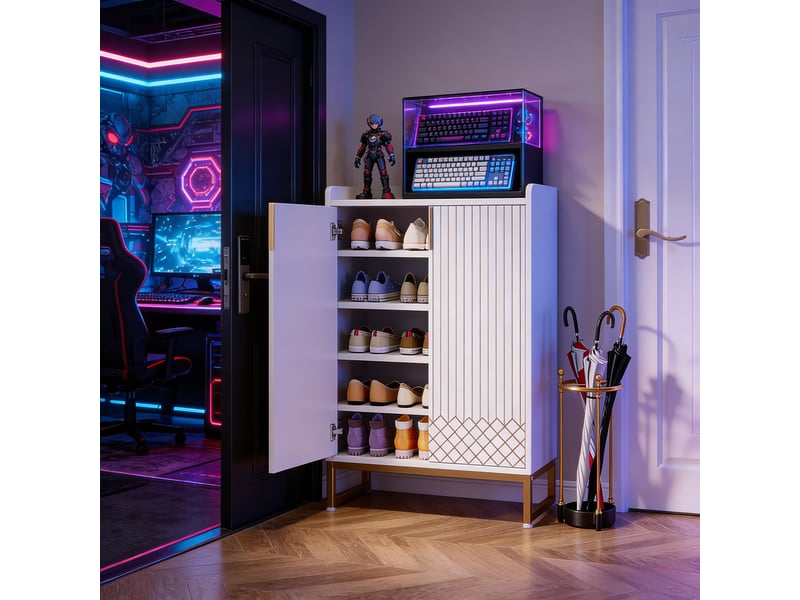  Meuble à chaussures 5 étagères et 2 portes avec rangement pour entrée en bois et métal blanc doré  - Conforama B
