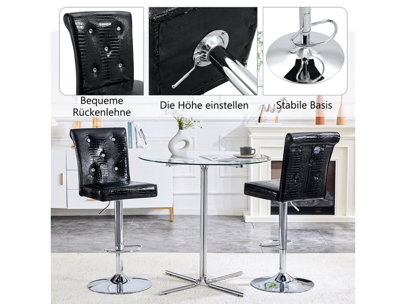  Tabourets de bar lot de 4 avec revêtement imperméable et boucles cristal - lpospi - rembourrés pvc effet crocodile noir  - Conforama E