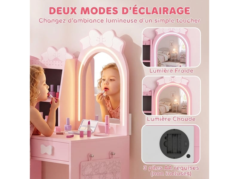  Coiffeuse enfant avec tabouret miroir led et penderie mdf rose 92 x 36 x 103,3 cm  - Conforama E
