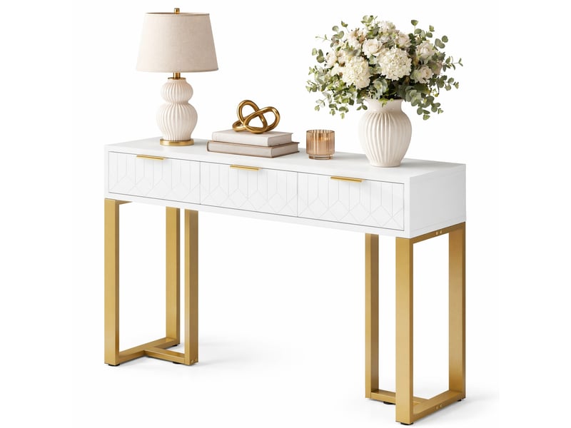  Console moderne 120x36x80 cm avec 3 tiroirs blanc et doré  - Conforama A