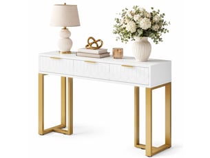 Console moderne 120x36x80 cm avec 3 tiroirs blanc et doré