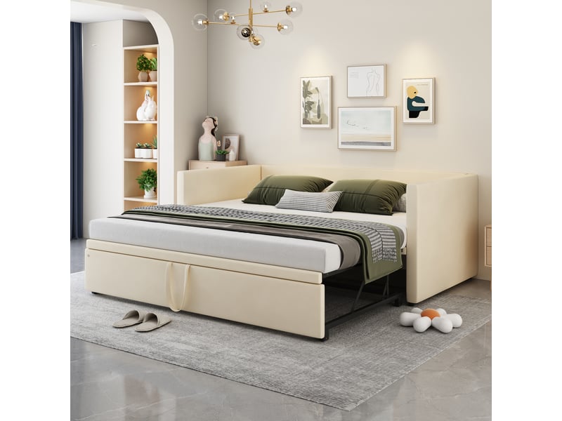 Lit capitonné banquette 90 x 200 cm ,extensible,avec sommier à lattes, velours doux pour la peau, beige - Conforama C