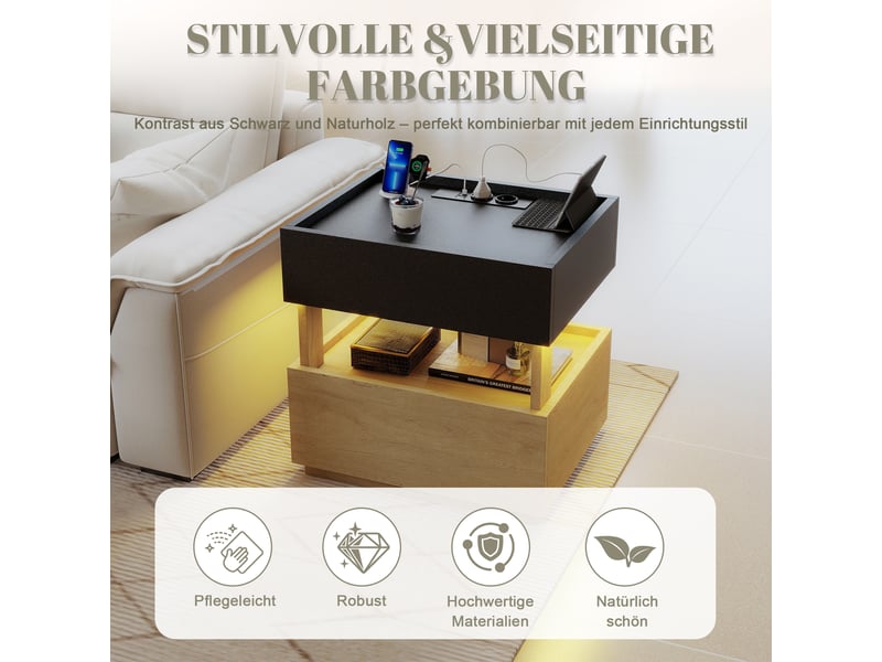  Table de chevet 2 tiroirs avec charge sans fil et led noir et bois 50x40x50 cm W3056P466186 - Conforama D