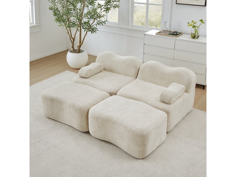 Canapé modulaire 2 places avec assise profonde et poufs, en velours beige - Conforama B