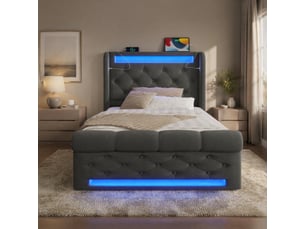 Lit coffre 90 × 200 cm avec led, usb et type-c, rangement hydraulique, matelas inclus, gris