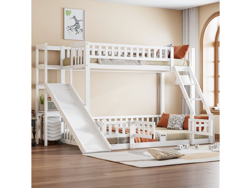  Lit superposé 140x200+90x200cm avec toboggan, étagères de rangement, escalier et sommiers, pin+mdf, blanc, sans matelas  - Conforama B
