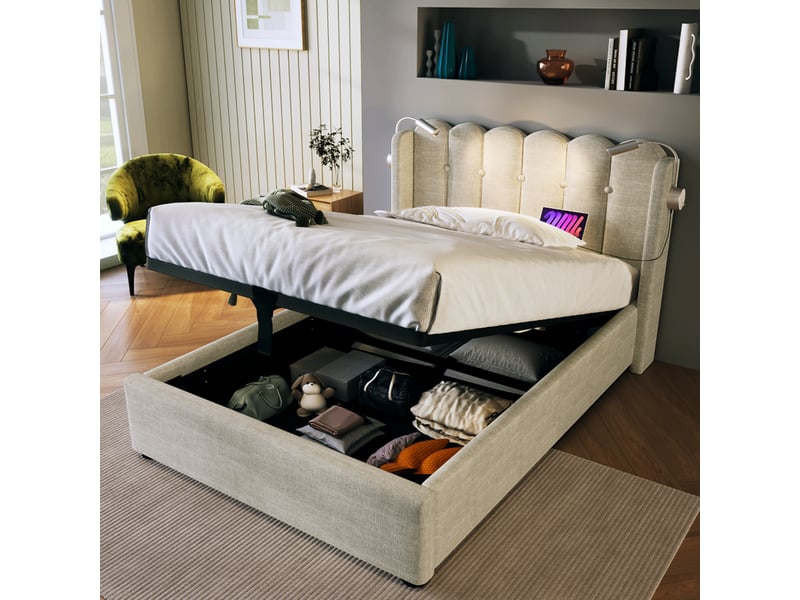 Lit coffre 90x200 cm - lit simple capitonné avec charge usb et lampe led - lin - sans matelas - beige - Conforama B