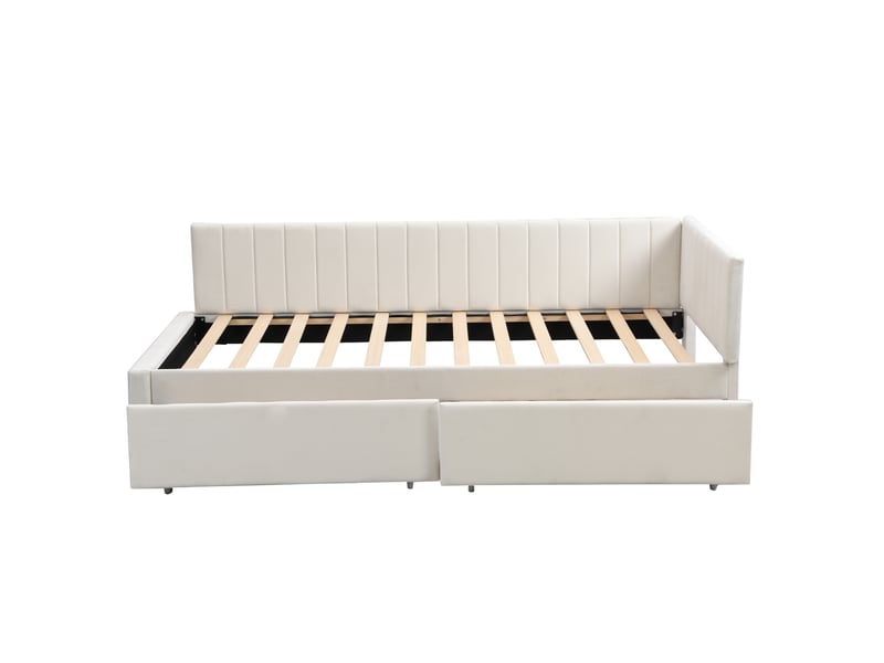  Canapé-lit rembourré 90x200 cm avec 2 grands tiroirs de rangement, lit simple, lit adulte avec sommier à lattes, beige, velours  - Conforama W