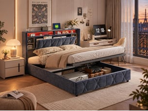 Lit coffre 140x200 cm avec tête de lit - leds rgb - velours gris - prises usb et type-c - sommier à lattes et espace de rangement hydraulique