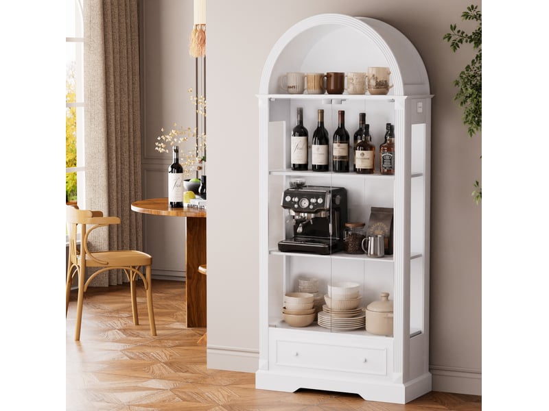  Vitrine en verre trempé avec éclairage led tricolore et rangements ouverts en mdf et verre blanc 80 × 35 × 180 cm  - Conforama C