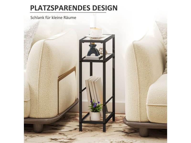  Petite table basse, plateau verre trempé structure acier, 3 niveaux rangement intégré, design étroit, montage facile  - Conforama D