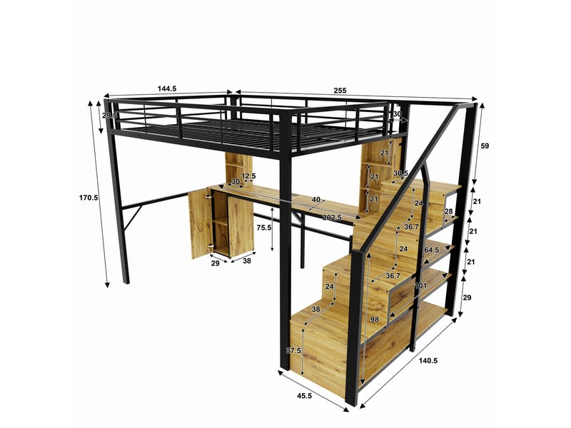  Lit mezzanine 140 × 200 cm avec bureau, armoire, rangements et escalier, prise usb, métal et bois noir pour chambre  - Conforama C