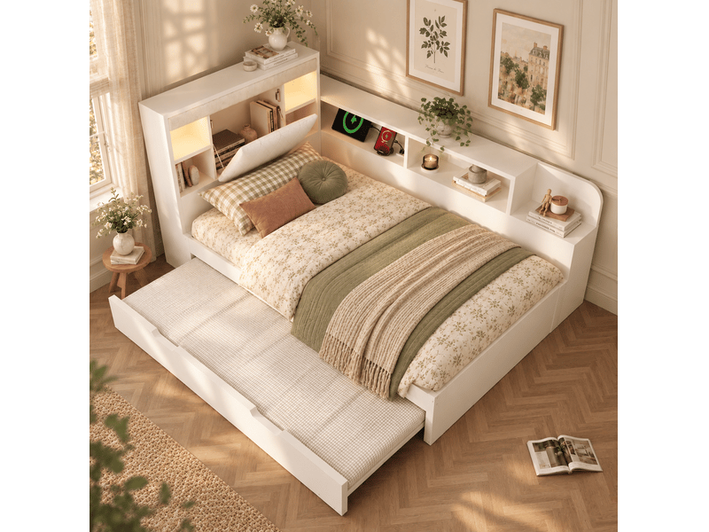 Lit gigogne 90x190 cm, tête de lit avec rangement, éclairage, panneau de particules, couleur blanc sans matelas - Conforama D