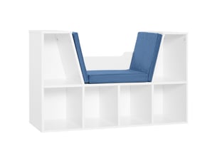 Étagère avec siège intégré, bibliothèque à 6 compartiments, coussin pour salon ou chambre, 102 x 30 x 61 cm, blanc et bleu