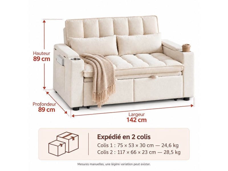  Canapé convertible 2 places 3-en-1 142 × 89 × 89 cm en chenille, rangements, poches latérales, 2 porte-gobelets, beige  - Conforama C